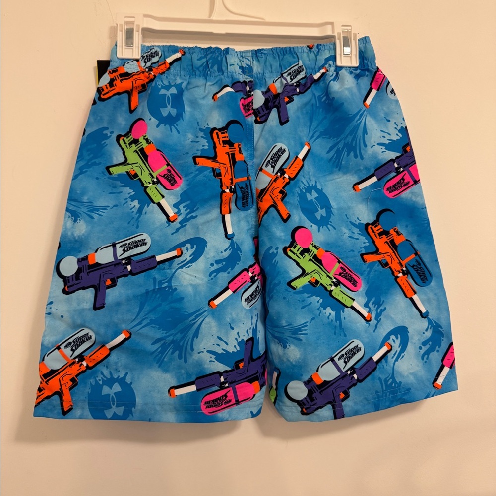 Under Armour Boys Blue Swim Trunks with Neon Water Super Soaker Print NEW - Picture 5 of 7